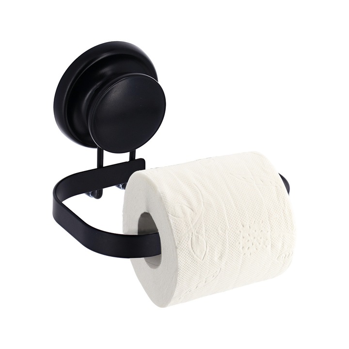 Suport hartie igienica Tendance Holdy, metalic mat, montaj cu ventuza fara gaurire, rezistent, design minimalist, negru, ideal pentru bai moderne si industriale