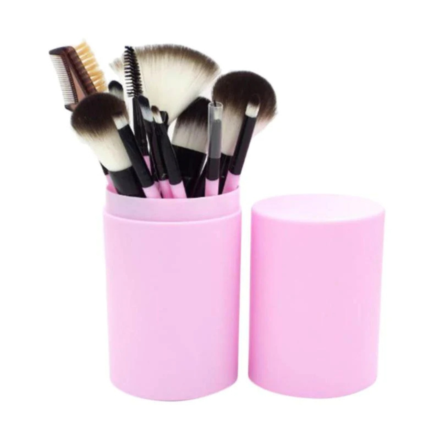 Set Macvi® 12 Pensule Machiaj cu Cutie pentru Depozitare, Design Modern Roz, Peri Sintetici de Inalta Calitate, Ideal pentru Machiaj Profesional si de Zi cu Zi