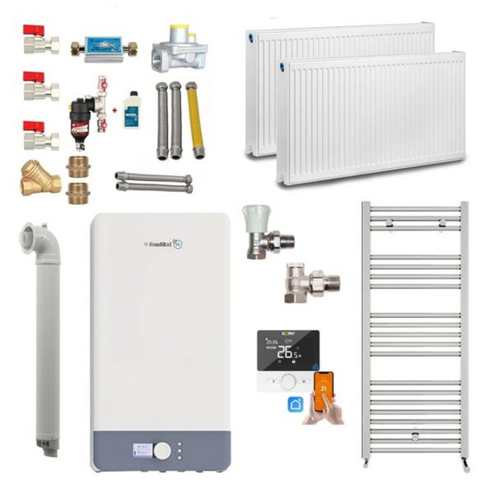 Centrala termica pe gaz in condensare Fondital Antea Next KC 26 kW, Set complet cu calorifere, termostat inteligent, kit evacuare, armaturi montaj