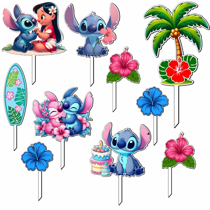 Topper tort copii Stitch – Set 10 buc, Reutilizabil, Lemn MDF cu Print UV, Decor tort aniversare