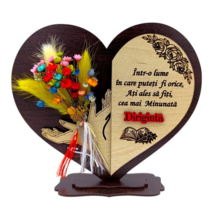 Cadou personalizat pentru Diriginta- inima cu paie si mesaj personalizat – 15 cm, wenge