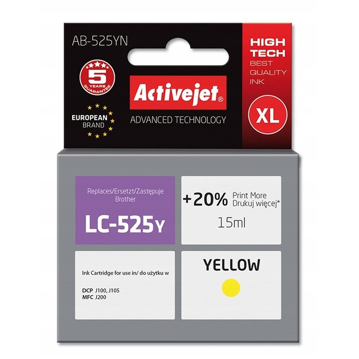 Activejet LC525Y nyomtatópatron, sárga, 15ml, helyettesítő, nagy kapacitású