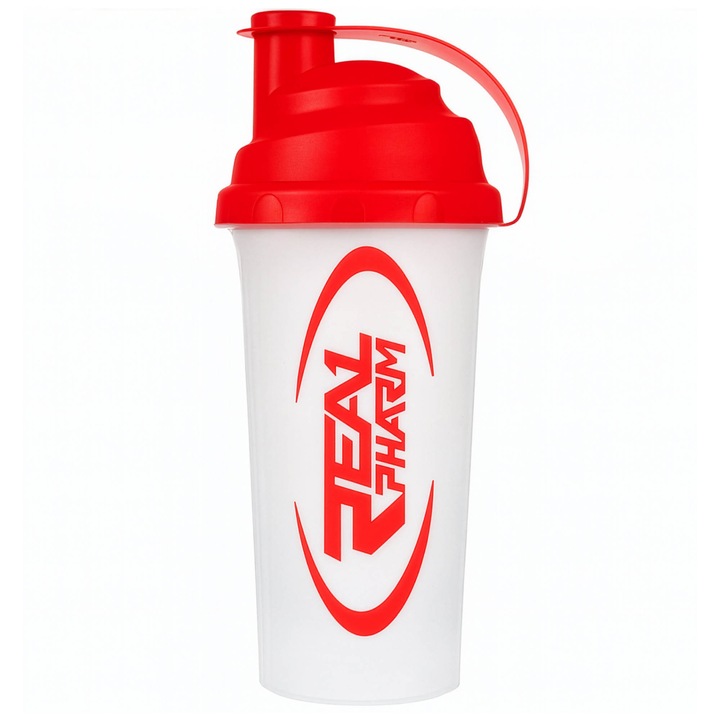 Shaker 700ml Rosu/Transparent Real Pharm, 23x9 cm, BPA FREE, Etansare Perfecta, Pahar de Masurare, Material PP, Rezistent la Spalare