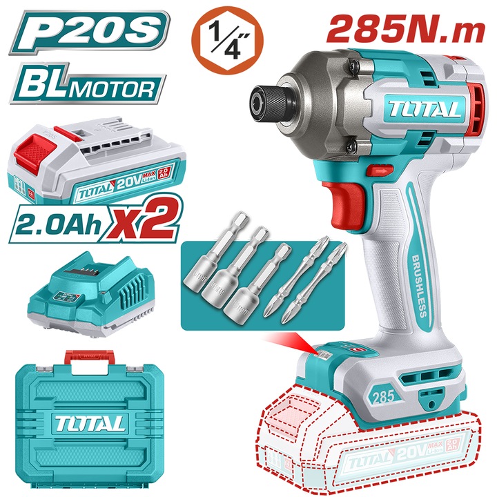 Masina de insurubat cu impact, Total, 20V-2.0Ah, Li-Ion, include 2 acumulatori, 1 incarcator, Gri / Turcoaz