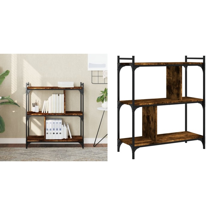 Biblioteca cu 3 niveluri, stejar fumuriu, 76x32x88 cm, lemn