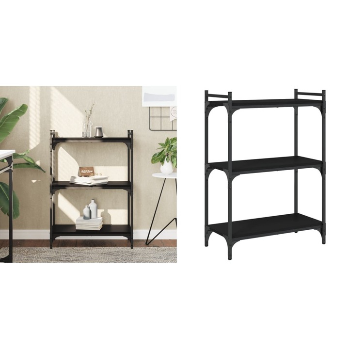 Biblioteca cu 3 niveluri, negru, 60x30x86 cm, lemn prelucrat