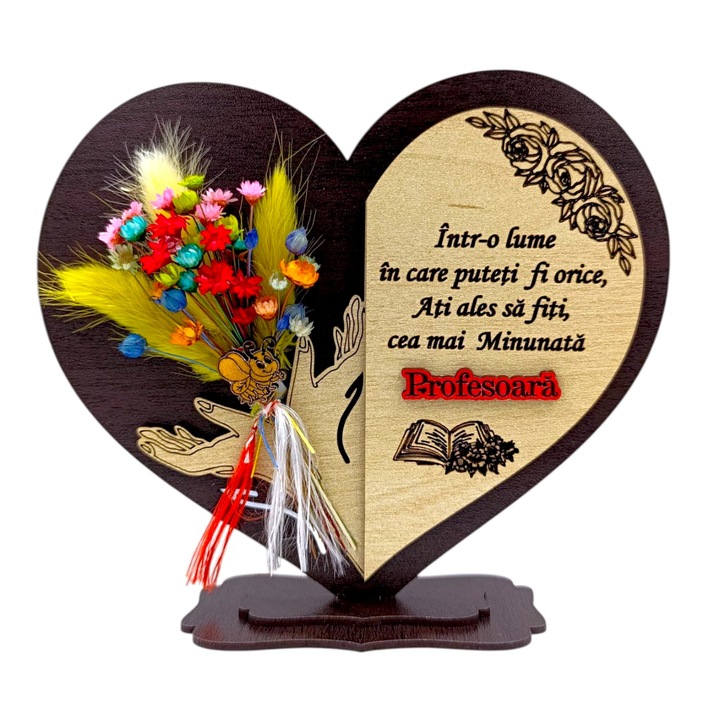 Cadou personalizat pentru Profesoara- inima cu paie si mesaj personalizat – 15 cm, wenge