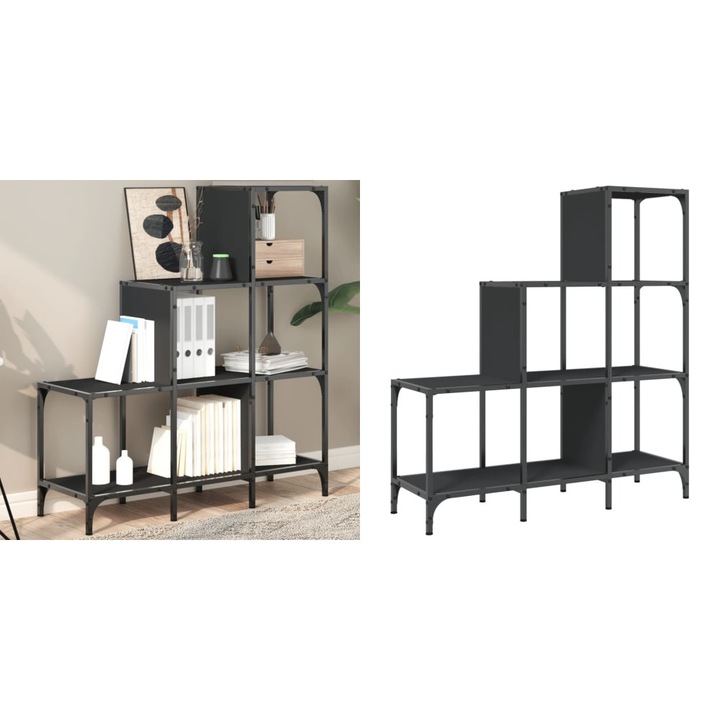 Biblioteca, negru, 92x30x102 cm, lemn prelucrat si metal