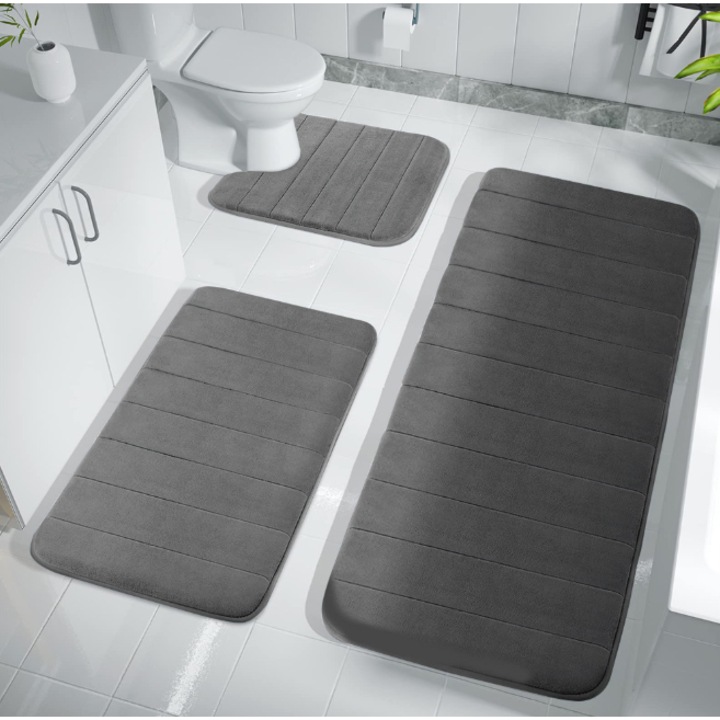 Set covoare baie Ælements 3in1 spuma cu memorie, antiderapant, gri închis, 60x50cm, 80x50cm, 120x50cm