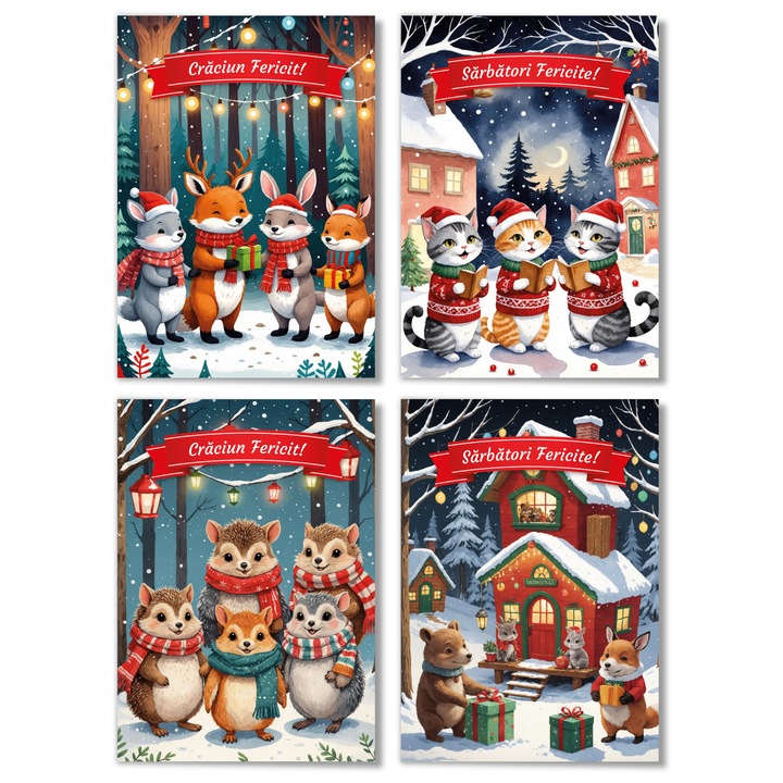 Set 4 Felicitari de Craciun, Ilustratii cu animale, 100x140mm, plicuri incluse, Multicolor