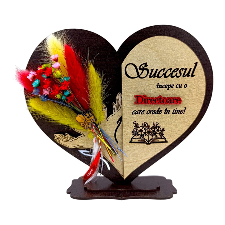 Cadou personalizat pentru Directoare "Succesul incepe cu.." - inima cu paie si mesaj personalizat – 15 cm, wenge