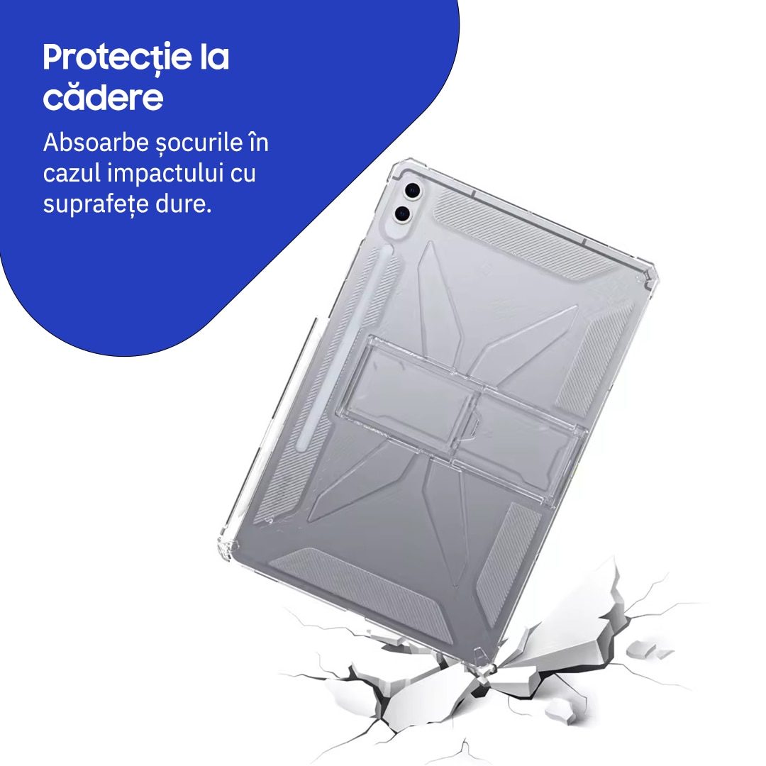 Husa de protectie telefonultau® pentru Samsung Galaxy Tab S11 Ultra (SM-X930/SM-X936), 14.6 inch, silicon transparent antishock cu colturi intarite, suport integrat pentru tableta si stylus, rezistenta la socuri, ideala pentru filme, jocuri