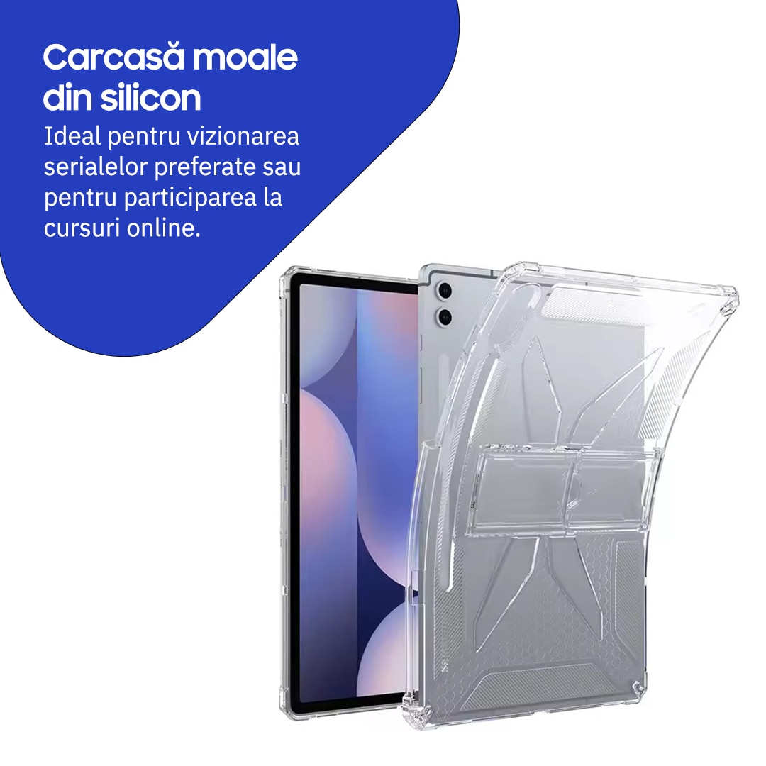 Husa de protectie telefonultau® pentru Samsung Galaxy Tab S11 Ultra (SM-X930/SM-X936), 14.6 inch, silicon transparent antishock cu colturi intarite, suport integrat pentru tableta si stylus, rezistenta la socuri, ideala pentru filme, jocuri