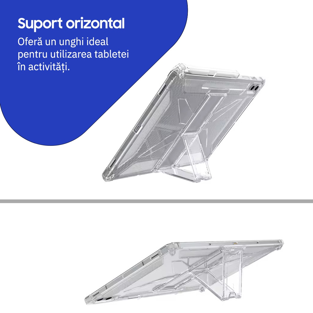 Husa de protectie telefonultau® pentru Samsung Galaxy Tab S11 Ultra (SM-X930/SM-X936), 14.6 inch, silicon transparent antishock cu colturi intarite, suport integrat pentru tableta si stylus, rezistenta la socuri, ideala pentru filme, jocuri