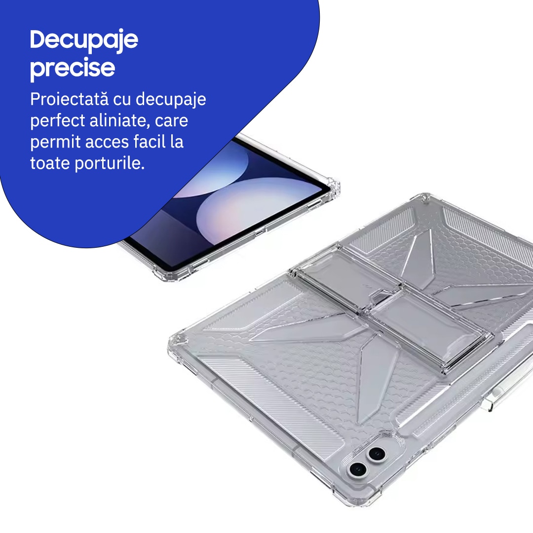 Husa de protectie telefonultau® pentru Samsung Galaxy Tab S11 Ultra (SM-X930/SM-X936), 14.6 inch, silicon transparent antishock cu colturi intarite, suport integrat pentru tableta si stylus, rezistenta la socuri, ideala pentru filme, jocuri