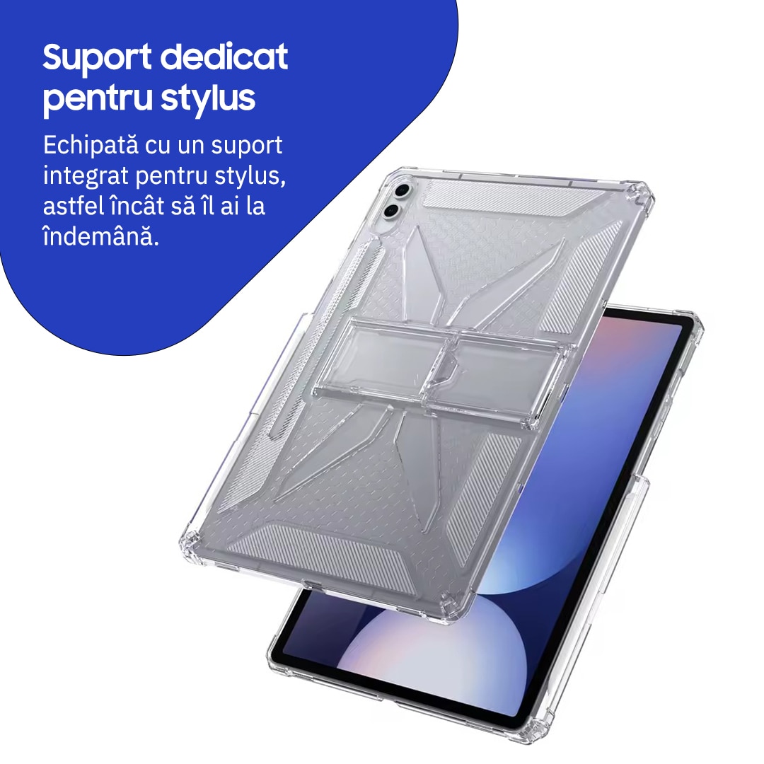 Husa de protectie telefonultau® pentru Samsung Galaxy Tab S11 Ultra (SM-X930/SM-X936), 14.6 inch, silicon transparent antishock cu colturi intarite, suport integrat pentru tableta si stylus, rezistenta la socuri, ideala pentru filme, jocuri