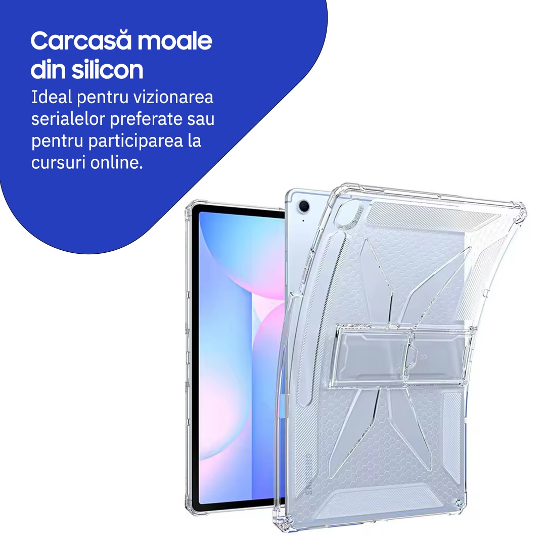 Husa de protectie telefonultau® pentru Samsung Galaxy Tab S10 Lite (X400/X406)/ S10 FE (X520/X526)/ S9 (X710/X716)/ S9 FE (X510/X516), 10.9inch, silicon transparent antishock cu colturi intarite, suport pentru creion si stylus, ideala pentru filme, jocuri