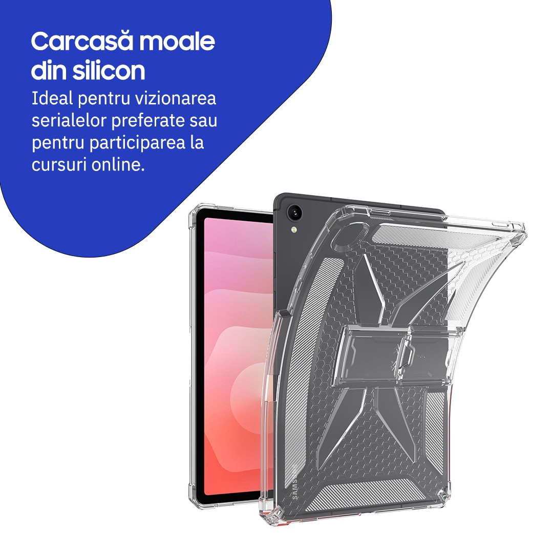 Husa de protectie telefonultau® pentru Samsung Galaxy Tab S11 (SM-X730/SM-X736), 11 inch, silicon transparent antishock cu colturi intarite, suport integrat pentru tableta si stylus, rezistenta la socuri, ideala pentru filme, jocuri