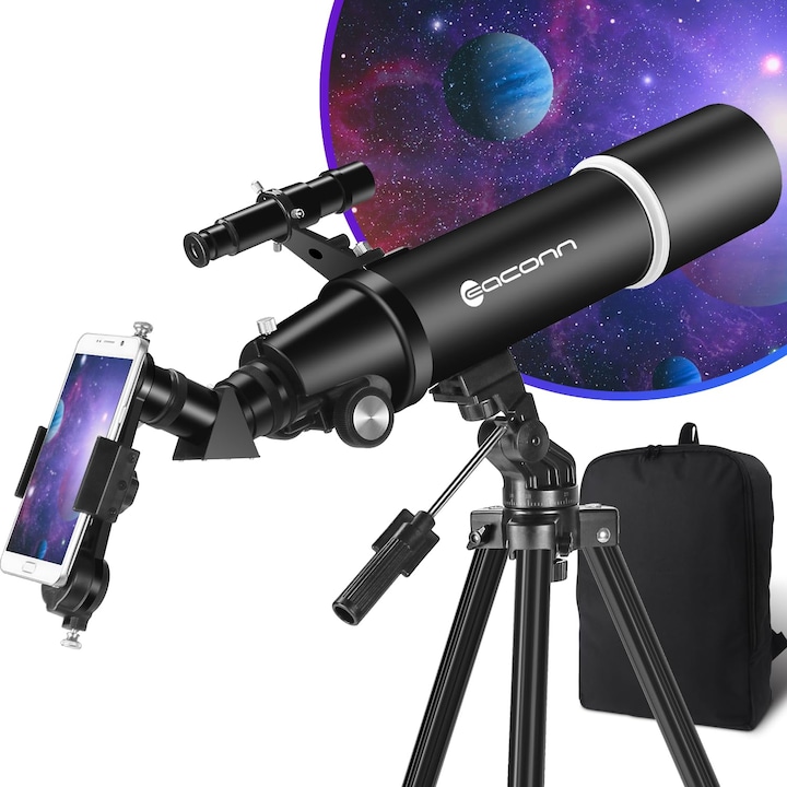 Telescop astronomic EACONN portabil 80mm, 600mm, cu adaptor pentru telefon și trepied, rucsac