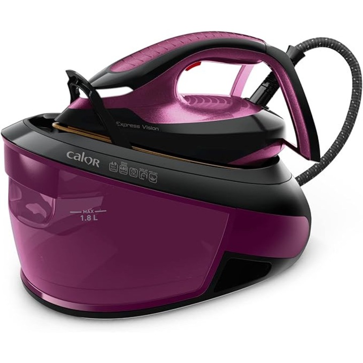 Statie de calcat cu abur Calor – 6, 9 bar, debit de abur 130 g/min, jet de abur 480 g/min, rezervor de 1, 8 L, afisaj LED Vision, colector de calcar, fabricat in Franta, violet/negru, model SV8152C0