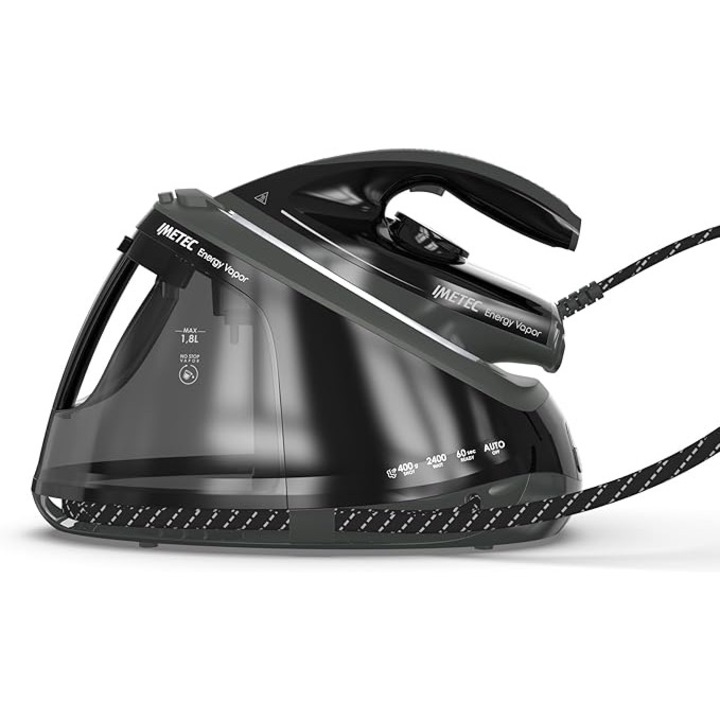 Fier de calcat cu abur si generator Imetec Energy – pompa de 6, 5 bar, jet de abur 400 g, 2400 W, talpa ceramica fluida, suport de calcare, oprire automata, dispozitiv de curatare, tehnologie Eco