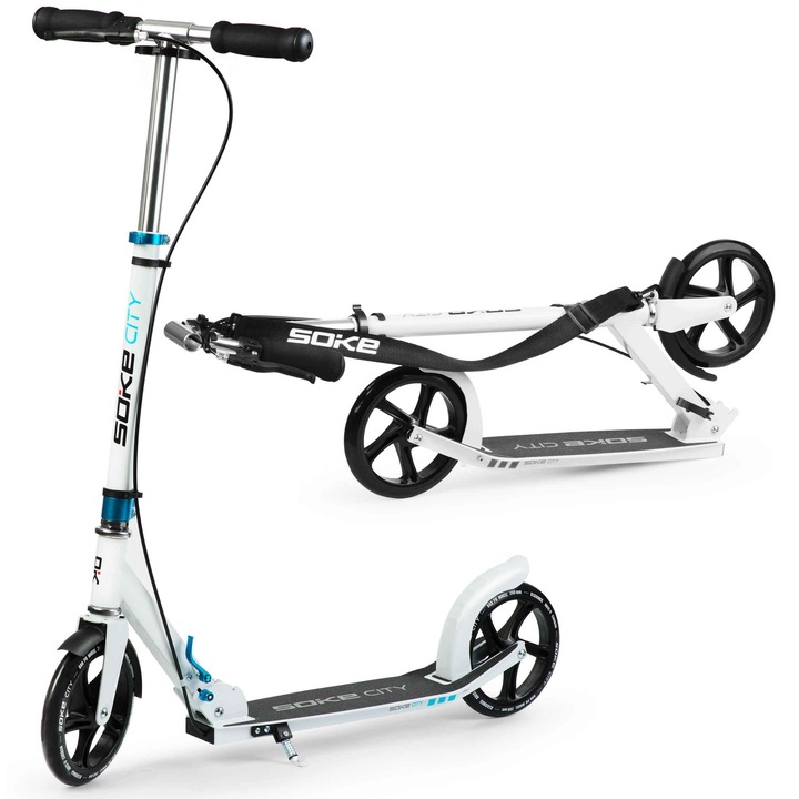 Soke City Urban Roller Szabadidős Távolságokhoz - Összecsukható, Állítható Kormány - Krómozott Acél Abec-9 Széncsapágyak - Pu 88A Kerekek - Alumínium Platform, Fehér