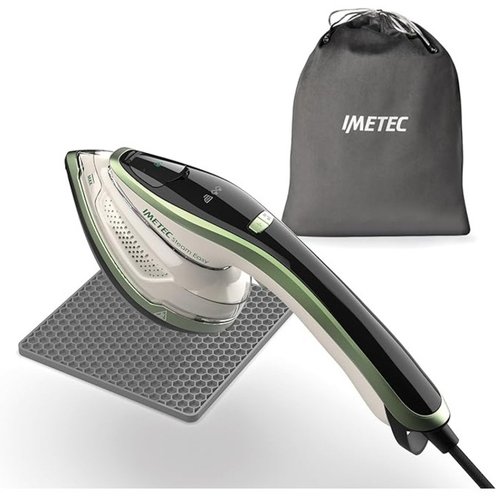Aparat de calcat cu abur Imetec Steam Easy, 1200 W, talpa ceramica, display digital, control temperatura, Alb/Verde