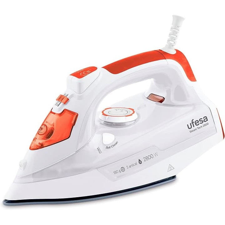 Fier de calcat cu aburi Ufesa Steam Tech 2800, 2800 W, performanta abur 0–30 g/min, functie presiune 180 g, talpa ceramica, abur sau uscat, sistem triplu anti-calcar, protectie impotriva picaturilor