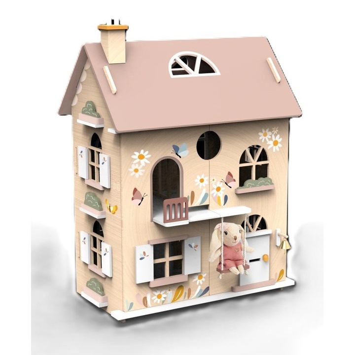 Casa de papusi din lemn cu accesorii, Speedy Monkey, 42.8x28.5x57.7 cm, +3 ani