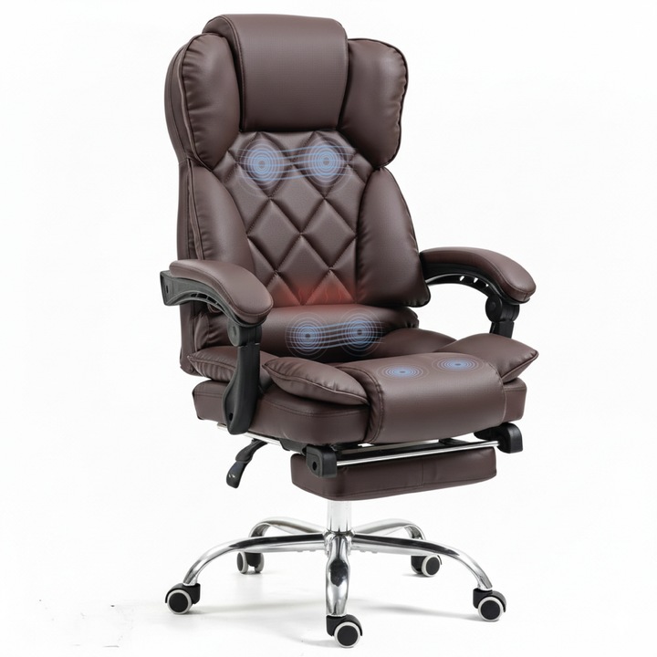 Scaun Directorial TOPSCAUNE®, Cu Masaj In 6 Puncte Si Incalzire, Suport Picioare Retractabil, Functie Sezlong, Tapiterie Din Piele Ecologica PU, Spatar Ergonomic Rabatabil 90-135°, Cotiere Tapitate, Baza Metalica, Roti Antiderapante, Maro