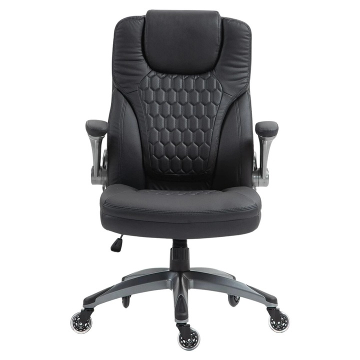 Scaun Birou Premium, Scaun Directorial, Reglaj Pe Inaltime, Tapiterie Din Piele PU Partial Perforata, Cotiere Rabatabile, Scaun Birou Cu Spatar Inalt Si Suport Lombar Integrat, Design Modern Si Confortabil, Ideal Pentru Oficiu Sau Acasa, Negru