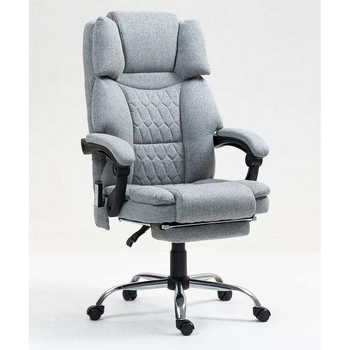 Scaun Birou TOPSCAUNE® Premium, Masaj In 6 Puncte, Functie De Incalzire, Scaun Directorial Ergonomic Cu Reglaj Pe Inaltime, Spatar Inalt Cu Suport Lombar, Tapiterie Textila Moale, Suport Pentru Picioare Retractabil, Design Modern, Gri