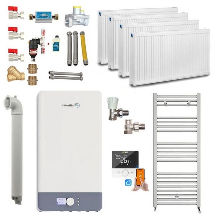 Pachet centrala termica pe gaz in condensare apartament cu 3 camere, Fondital Antea Next KC 26 kW, Calorifere, Termostat Inteligent, Set robineti calorifere, Kit evacuare inclus si Kit complet armaturi montaj