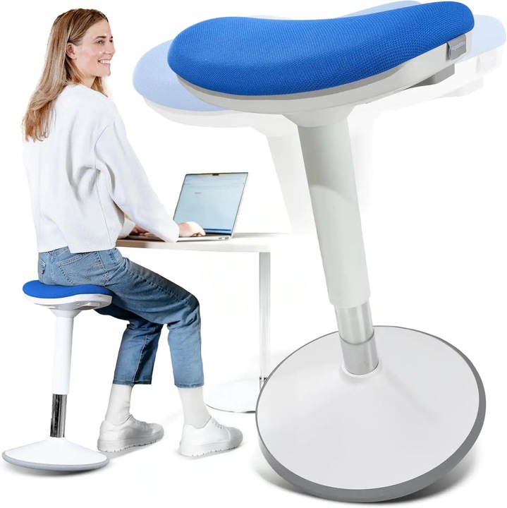 Elindor® Ergonomikus Szék, Szabadon Forgatható, Háttámla és Karfa Nélkül, Kompakt Kialakítás, Puha Szivaccsal Kárpitozva, Fém Lábbal, Alkalmas Konyhába, Irodába, Orvosi Rendelőkbe, Állítható Magasság 48-63 cm, Kék