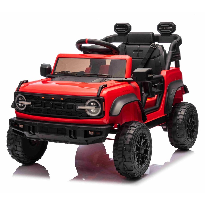 Masina electrica de jucarie Ford Bronco cu tractiune spate cu licenta (un singur loc), rosu, baterie litiu, sasiu inalt, scaun lat, axa suspensie spate, telecomanda 2, 4 GHz, player MP3 cu intrare USB, lumini LED