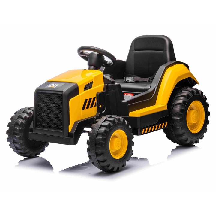 Excavator electric Caterpillar model cu licenta, cu un singur scaun, galben, intrare USB pentru player MP3, tractiune spate cu 2 motoare de 30 W si baterie litiu
