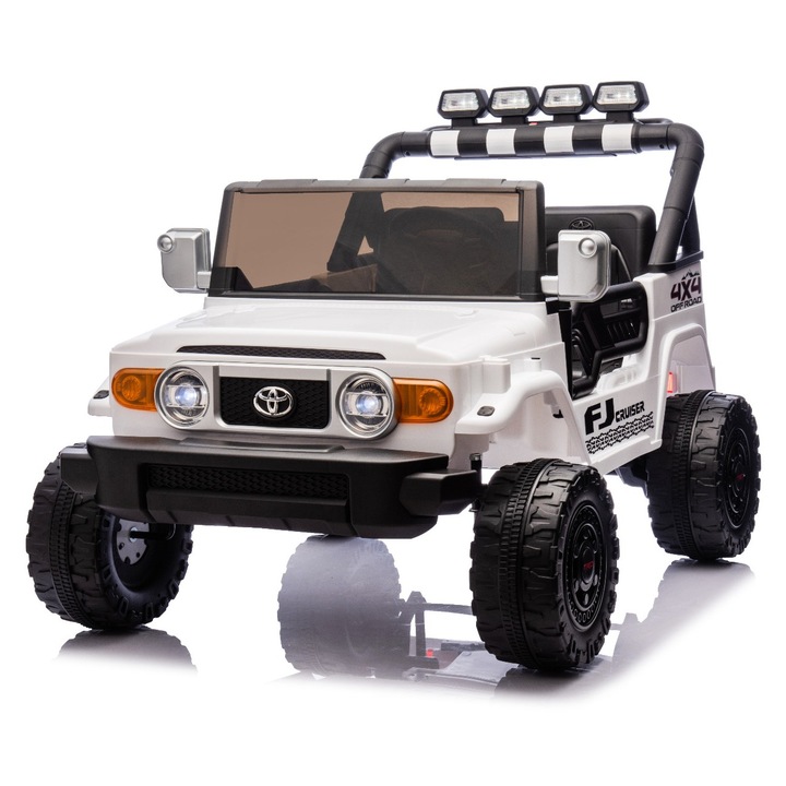Masinuta electrica de jucarie Toyota FJ Cruiser XXL cu tractiune 4x4, autorizata (cu doua locuri), alb, baterie litiu portabila, sasiu inalt, doua locuri, punte spate cu suspensie, telecomanda 2, 4 GHz, player MP3 cu Bluetooth, lumini LED