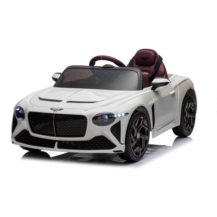 Masinuta electrica de jucarie Bentley Bacalar 12V, alb, Usi care se deschid vertical, Telecomanda 2.4 GHz, Lumini LED, Intrare USB/Aux, Suspensie, Baterie litiu, Motor 2 X 25W, Licenta ORIGINALA