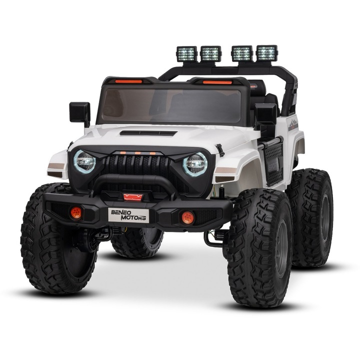 Masinuta electrica de jucarie Beneo Motors OFFRIDE 4x4² cu doua locuri, 24V, alb, player MP3 cu intrare USB/AUX, transmisie 4x4, baterie litiu, roti EVA cu suspensie, telecomanda, lumini LED