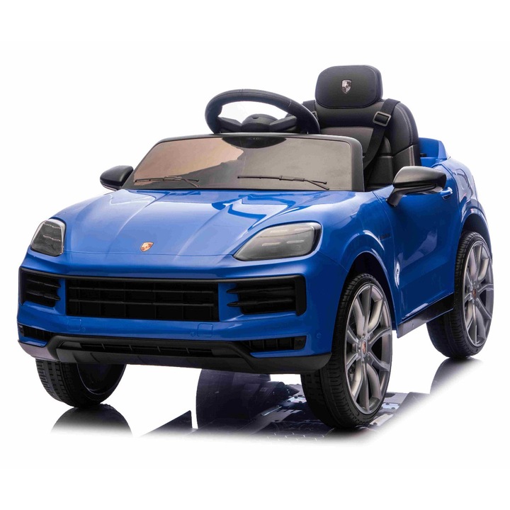 Masinuta electrica Porsche Cayenne 12V cu tractiune spate si licenta origianla, un singur loc, gri, baterie litiu, scaun lat, axe cu suspensii, telecomanda 2.4 GHz, player MP3 cu intrare USB/AUX, lumini LED