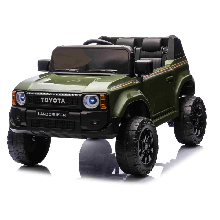 Masinuta electrica Toyota Landcruiser 12V, verde camuflaj, scaun lat, telecomanda 2.4 GHz, intrare USB / AUX, Bluetooth, suspensie, baterie litiu, lumini LED, motor 2 x 25W, licenta ORIGINALA