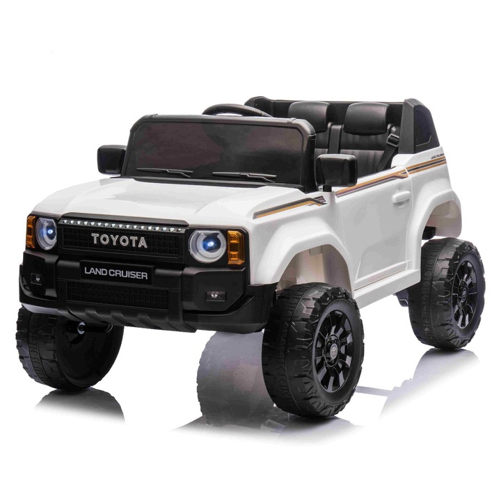 Masinuta electrica Toyota Landcruiser 12V, alb, scaun lat, telecomanda 2.4 GHz, intrare USB / AUX, Bluetooth, suspensie, baterie litiu, lumini LED, motor 2 x 25W, licenta ORIGINALA