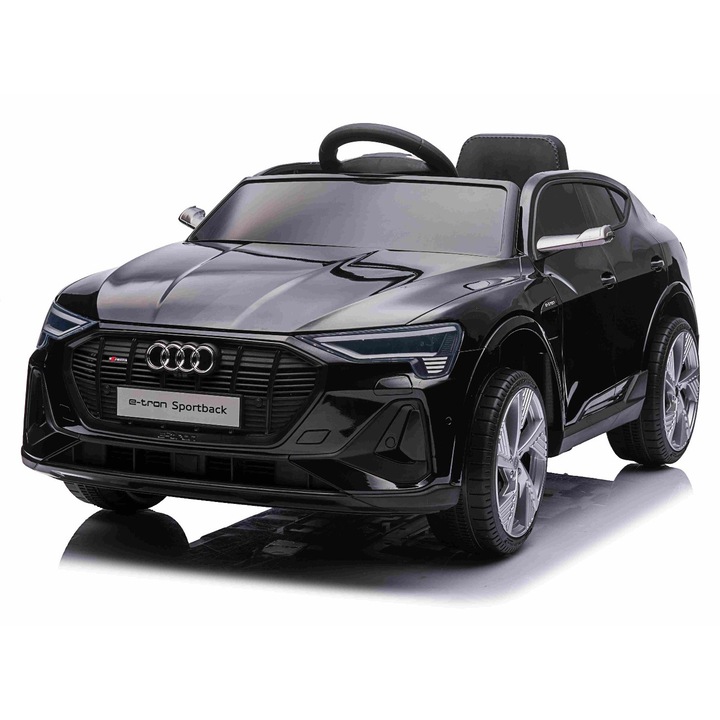 Masinuta electrica de jucarie Audi E-tron Sportback 12V, negru, scaun lat cu un singur loc si centura de siguranta cu prindere in trei puncte, telecomanda 2.4 GHz, intrare USB/AUX, suspensie, baterie litiu, lumini LED, motor 2 x 25W, licenta ORIGINALA