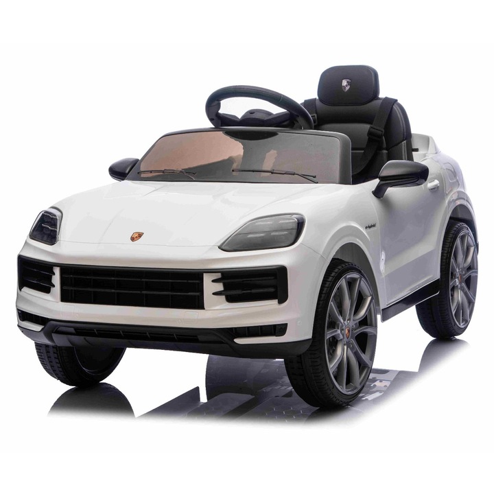 Masinuta electrica Porsche Cayenne 12V cu tractiune spate si licenta origianla, un singur loc, alb, baterie litiu, scaun lat, axe cu suspensii, telecomanda 2.4 GHz, player MP3 cu intrare USB/AUX, lumini LED