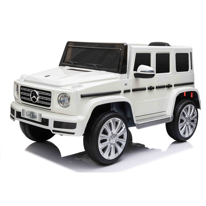 Masinuta electrica de jucarie Mercedes G500 12V, alb, telecomanda 2.4 GHz, intrare USB/SD, suspensie, baterie litiu, lumini LED, licenta ORIGINALA