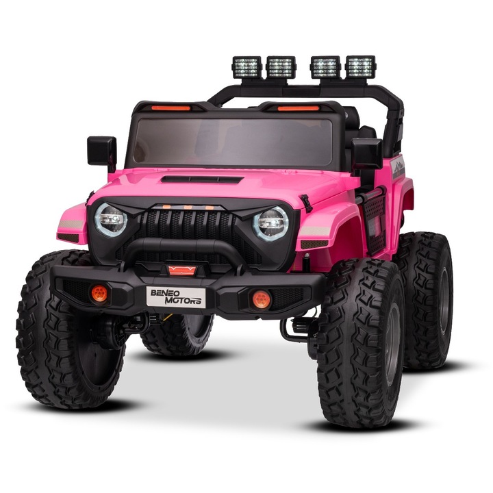 Masinuta electrica de jucarie Beneo Motors OFFRIDE 4x4² cu doua locuri, 24V, roz, player MP3 cu intrare USB/AUX, transmisie 4x4, baterie litiu, roti EVA cu suspensie, telecomanda, lumini LED