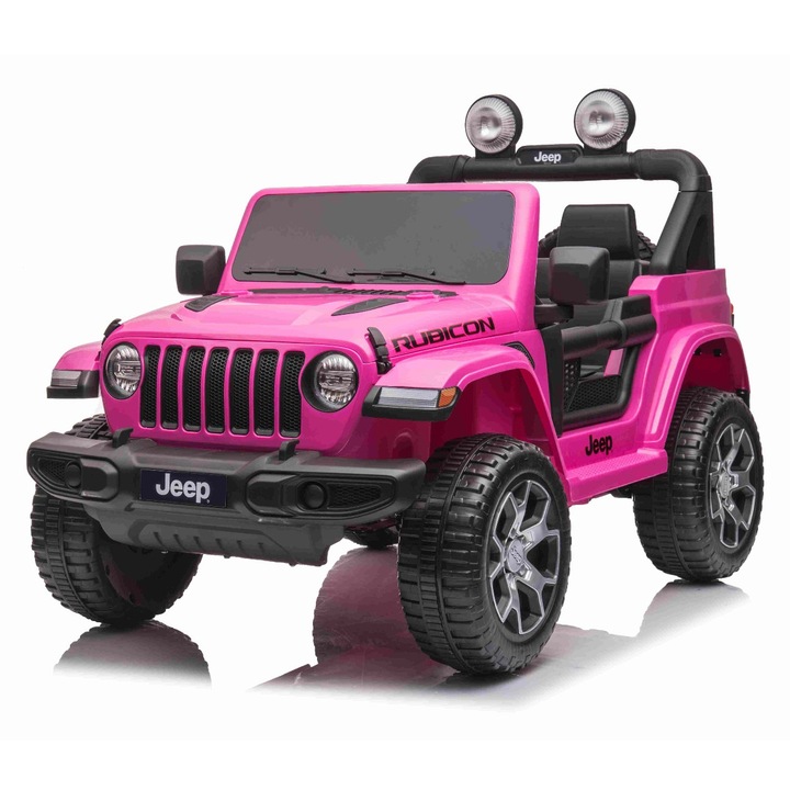 Masinuta electrica pentru copii JEEP Wrangler, Roz, scaun din piele, Radio cu intrare Bluetooth si USB, unitate 4x4, baterie cu litiu, roti EVA, suspensii spate, telecomanda de 2, 4 GHz, comutator functie telecomanda/ pedala, licentiat