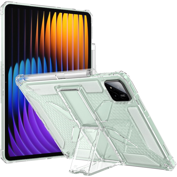 Husa de protectie telefonultau® pentru Xiaomi Pad 8/ Xiaomi Pad 8 Pro, 11.2", silicon transparent antishock cu colturi intarite, suport integrat pentru tableta si stylus, ideala pentru filme, jocuri