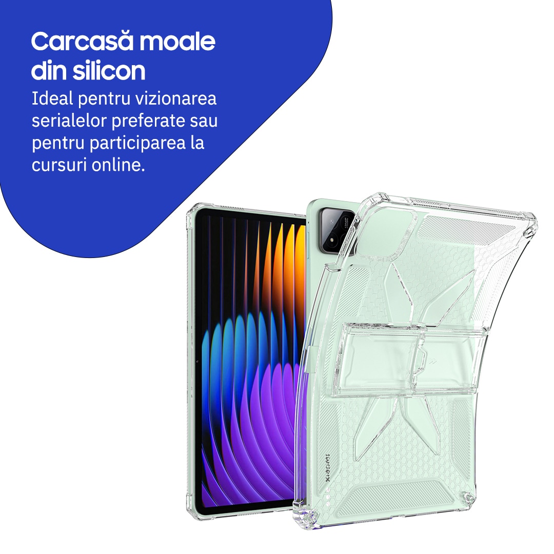 Husa de protectie telefonultau® pentru Xiaomi Pad 8/ Xiaomi Pad 8 Pro, 11.2", silicon transparent antishock cu colturi intarite, suport integrat pentru tableta si stylus, ideala pentru filme, jocuri