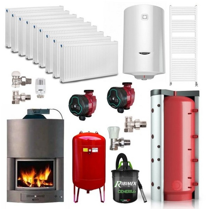 Pachet complet incalzire - Termosemineu pe lemne Magikal OXO29, 34.8 kW, clasa A, cu agent termic, diametru cos fum diametru 250 mm, Calorifere, Vas expansiune, Boiler termoelectric 100 litri, Robineti Tur/Retur